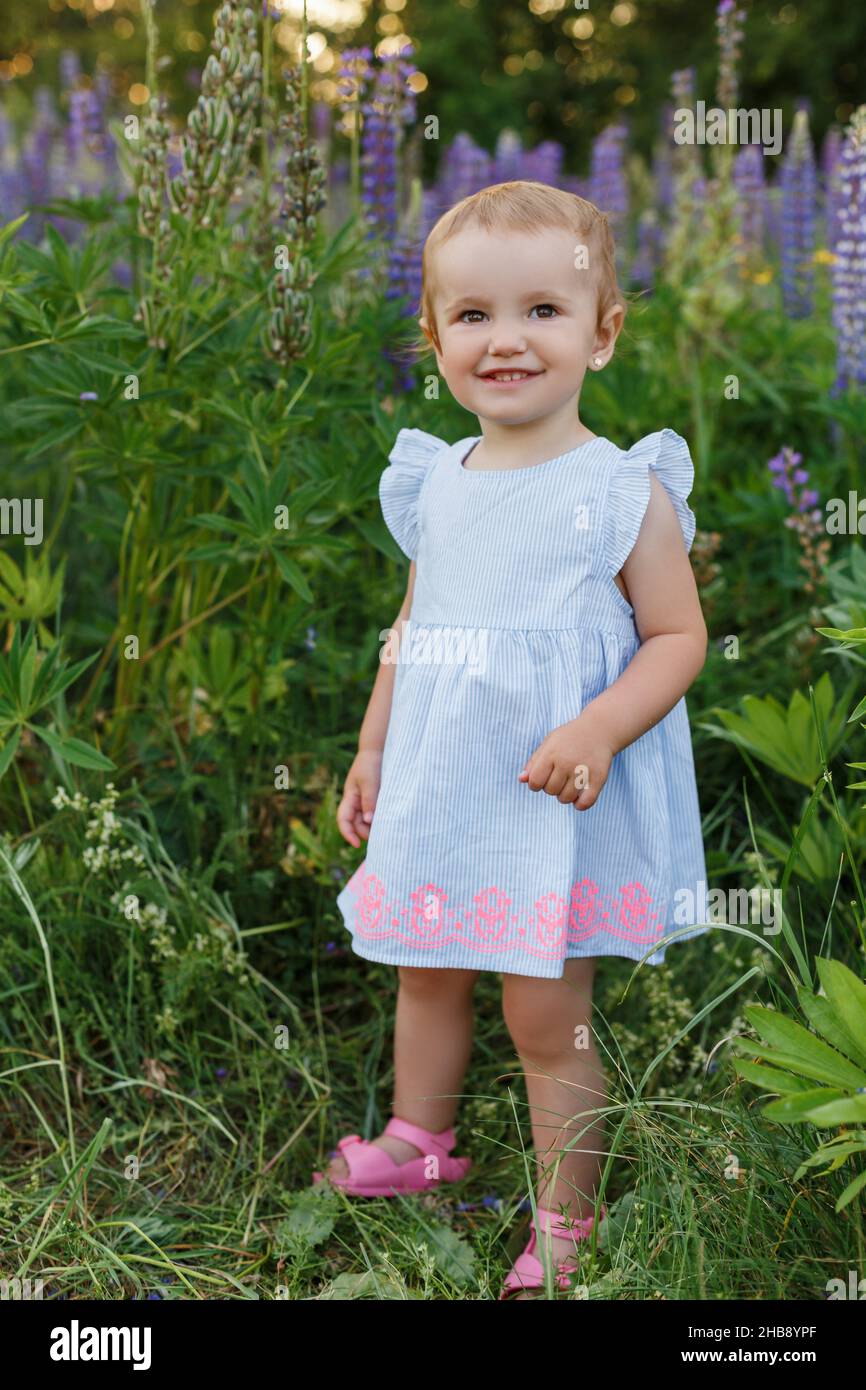 Primo piano ritratto di carino, di un anno, bambina in abito blu.  Sorridente bambino che si diverte tra campo di lupini fiori. Giochi per  bambini all'aperto. Concetto di Foto stock - Alamy