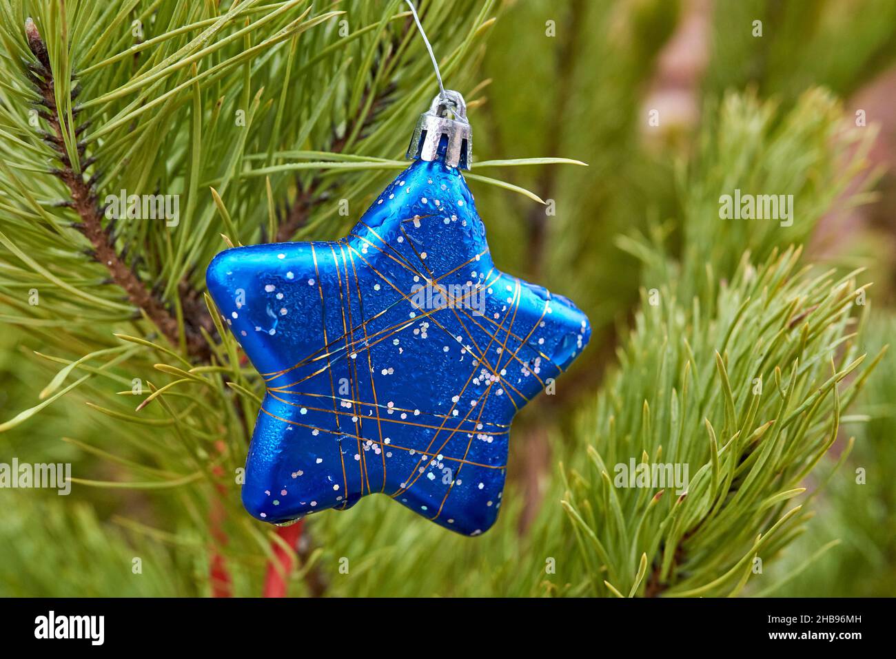 Giocattolo dell'albero di Natale appeso al abeto. Primo piano, messa a fuoco selettiva Foto Stock