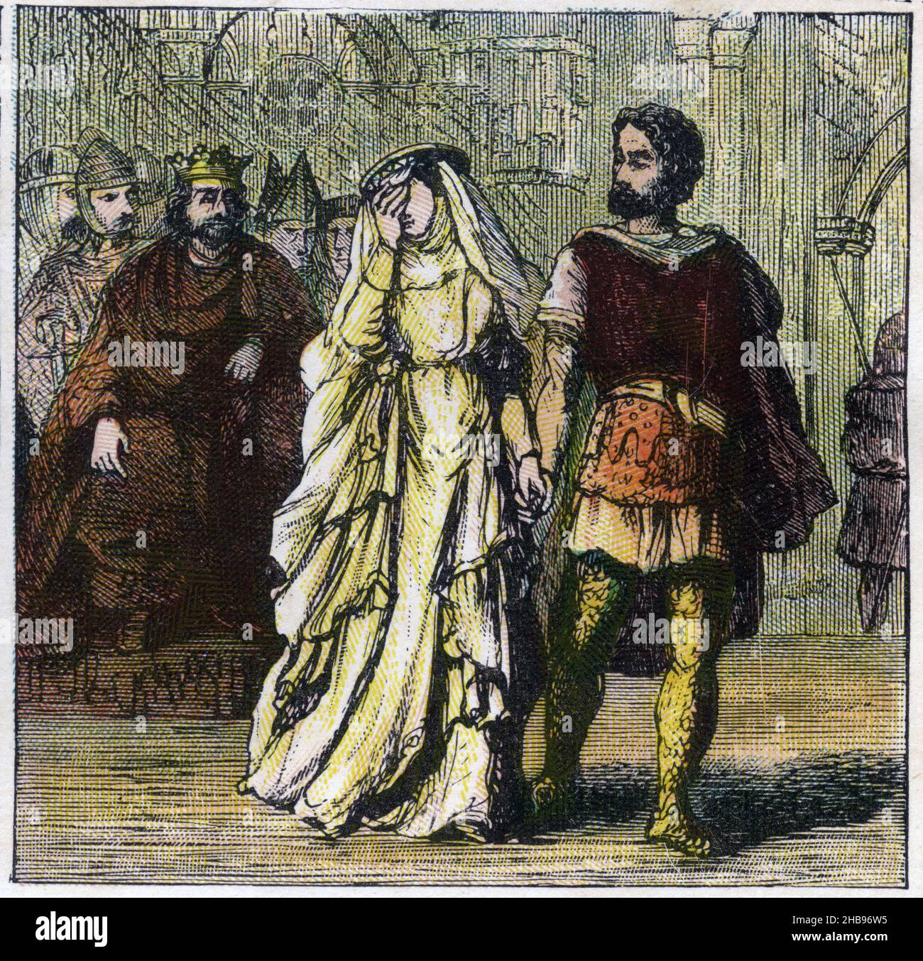 Incisione del matrimonio segreto nel 1238 del nobile francese Simon de Montfort ad Eleonora d'Inghilterra, figlia del re Giovanni e Isabella di Angoulême e sorella del re Enrico III, pubblicata intorno al 1890 Foto Stock