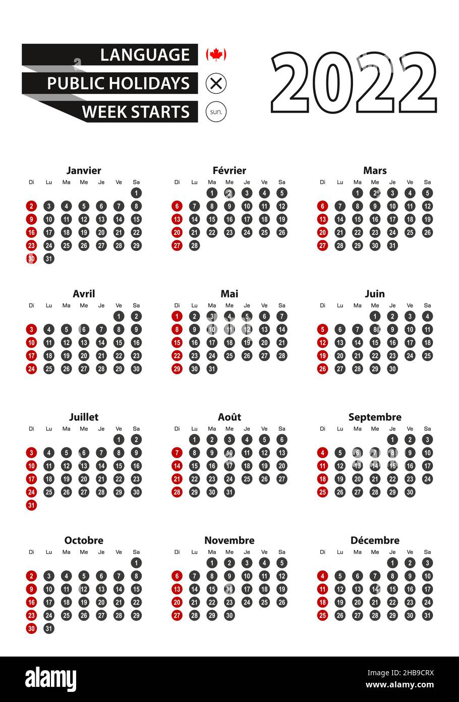 Calendario francese 2022 con numeri in cerchio, la settimana inizia la domenica. 2022 con bandiera di illustrazione Canada Vector. Illustrazione Vettoriale