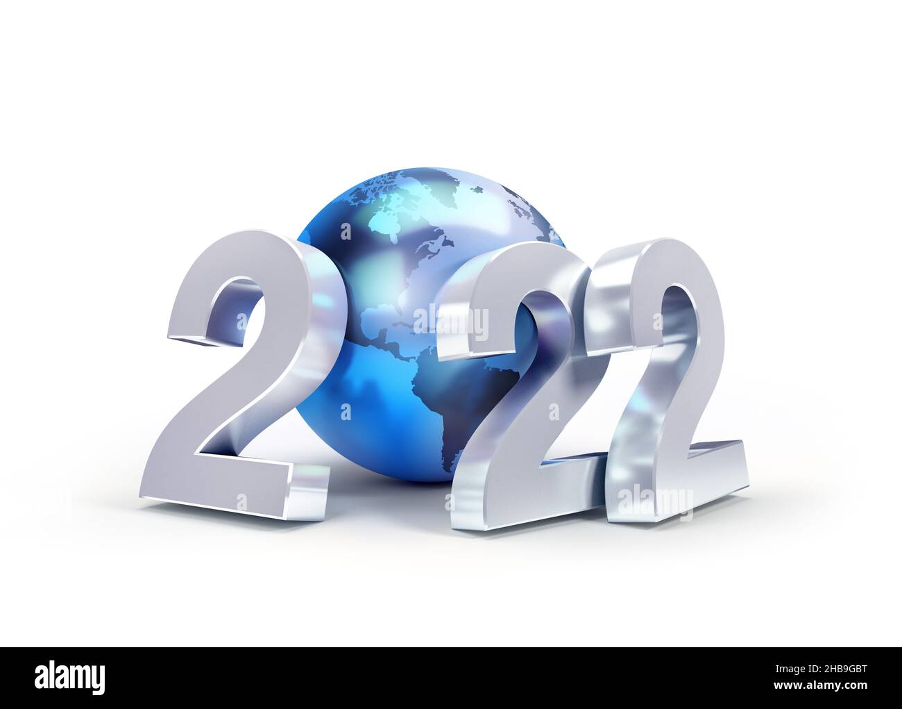 Anno nuovo 2022 numero data argento composto da un globo di terra blu, isolato su bianco - illustrazione 3D Foto Stock