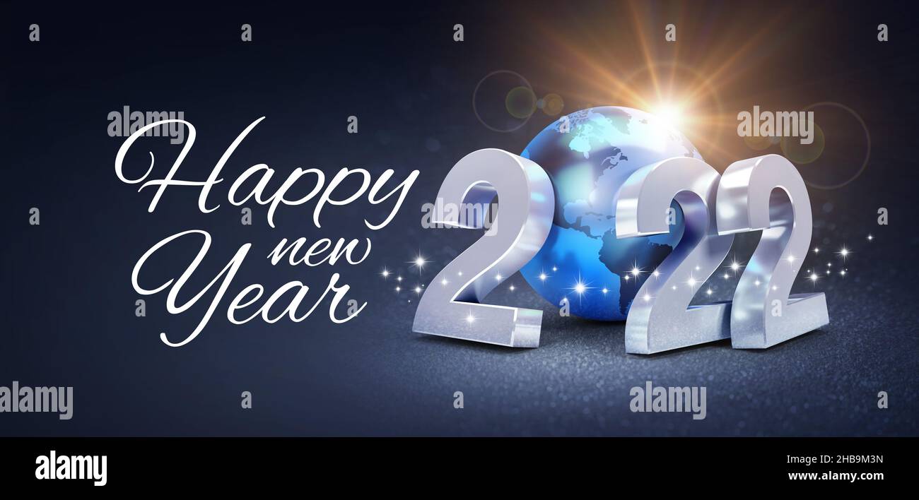 Happy New Year 2022 biglietto d'auguri : numeri di data argentata con un globo di terra blu, brillante su sfondo nero - illustrazione 3D Foto Stock