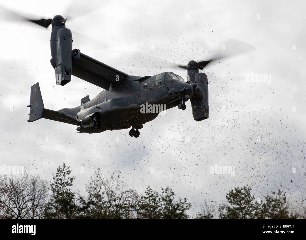 Un CV-22B Osprey dal 21st Special Operations Squadron vola basso sopra gli alberi come si prepara a atterrare durante l'esercizio Resolute Dragon 21 presso l'Ojojihara Training Area, Giappone, 9 dicembre 2021. La SOS 21st è specializzata nell'uso della CV-22B Osprey per la conduzione di missioni di infiltrazione, esfiltrazione e rifornimento a lungo raggio per forze operative speciali. Il CV-22B è dotato di contromisure integrate contro le minacce, radar Terrain-sequenziation, sensori a infrarossi e altre avioniche avanzate che lo rendono un formidabile strumento di proiezione di potenza in condizioni avverse e ambienti contesi. (STATI UNITI Aria Foto Stock