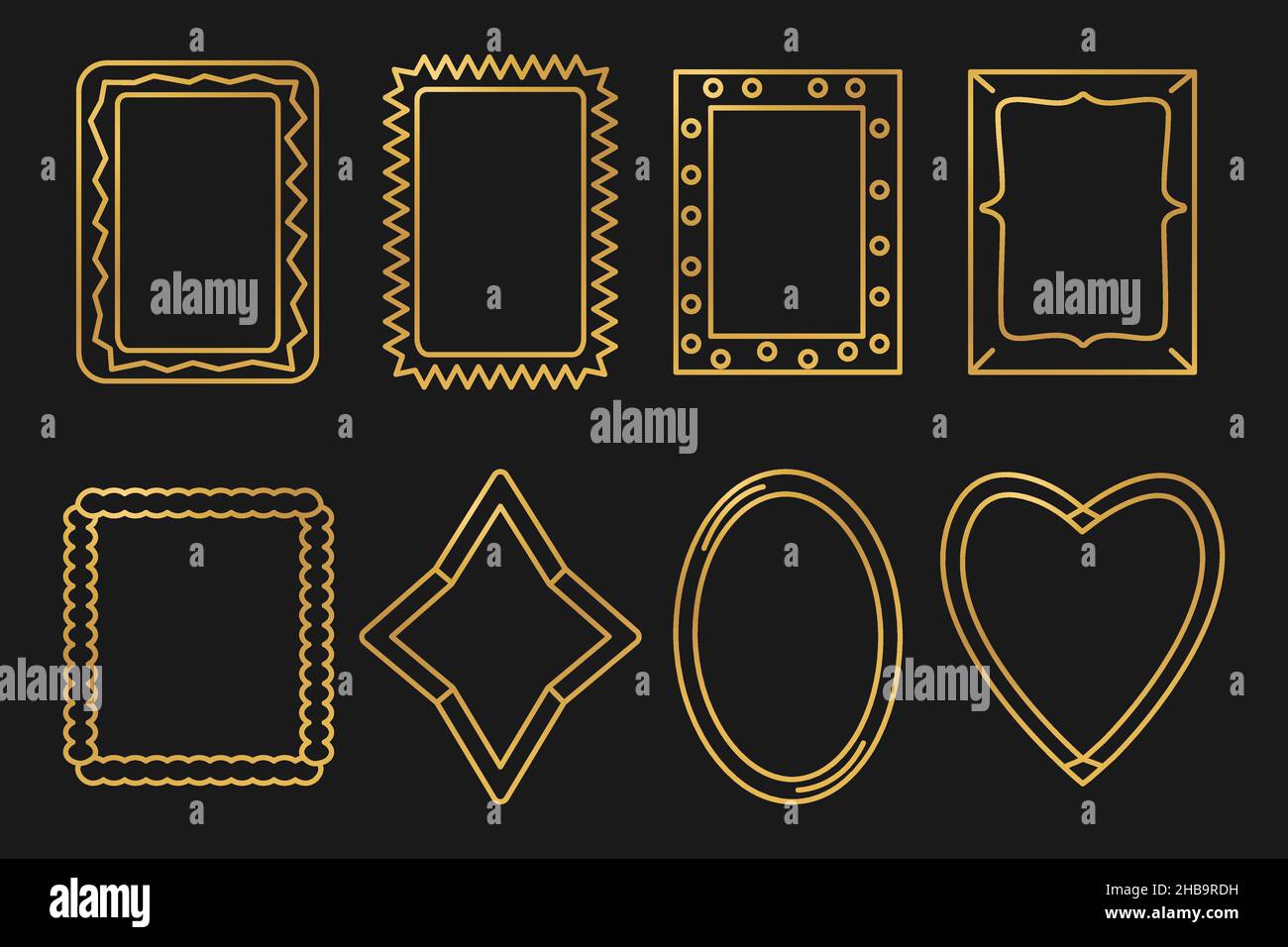 Cornici foto set dorato sfumatura silhouette lineare ricco lusso vittoriano stile isolato su sfondo nero. Progetta adesivi di oggetti di forma diversa piatti per siti web e cartoline. Illustrazione vettoriale Illustrazione Vettoriale