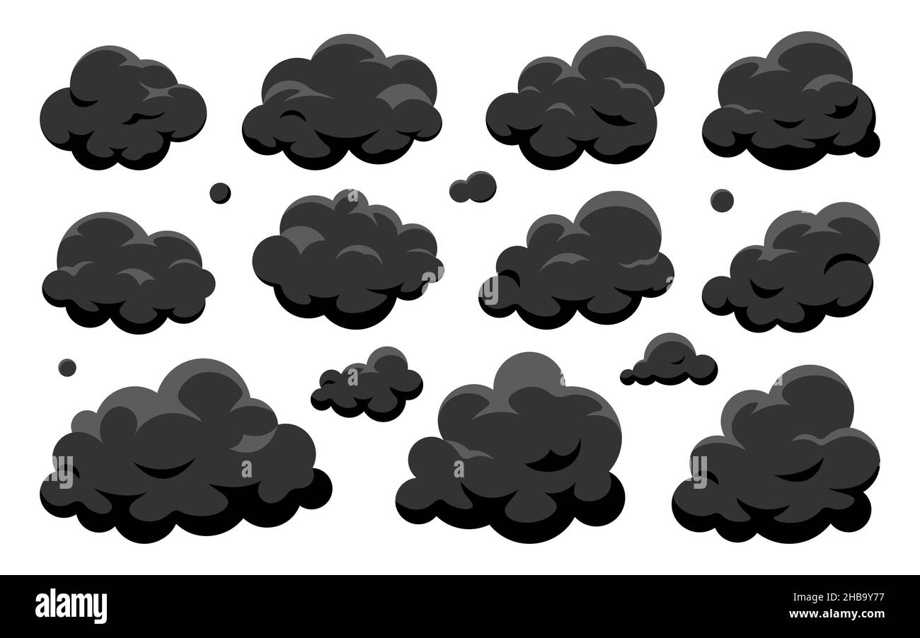 Set piatto nero nuvolato. Cartoon principalmente nuvoloso tempo simbolo gioco app widget web interfaccia. Fumo fuliggine inquinamento fumi gas di scarico elemento cielo sovrastato 2D. Elemento per la forma di libro di cartoline isolato su bianco Illustrazione Vettoriale