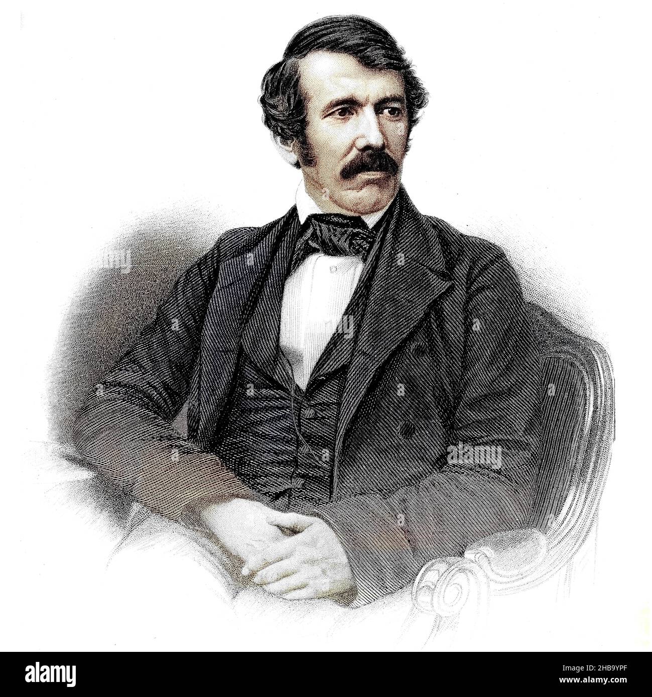 Illustrazione del reverendo David Livingstone dal libro 'viaggi e ricerche missionarie in Sudafrica: Tra cui uno schizzo di sedici anni di residenza all'interno dell'Africa, e un viaggio dal Capo di buona speranza a Loanda, sulla costa occidentale, da qui attraverso il continente, lungo il fiume Zambesi, all'Oceano Orientale' di David Livingstone. Pubblicato a Londra, Gran Bretagna, nel 1857. Foto Stock