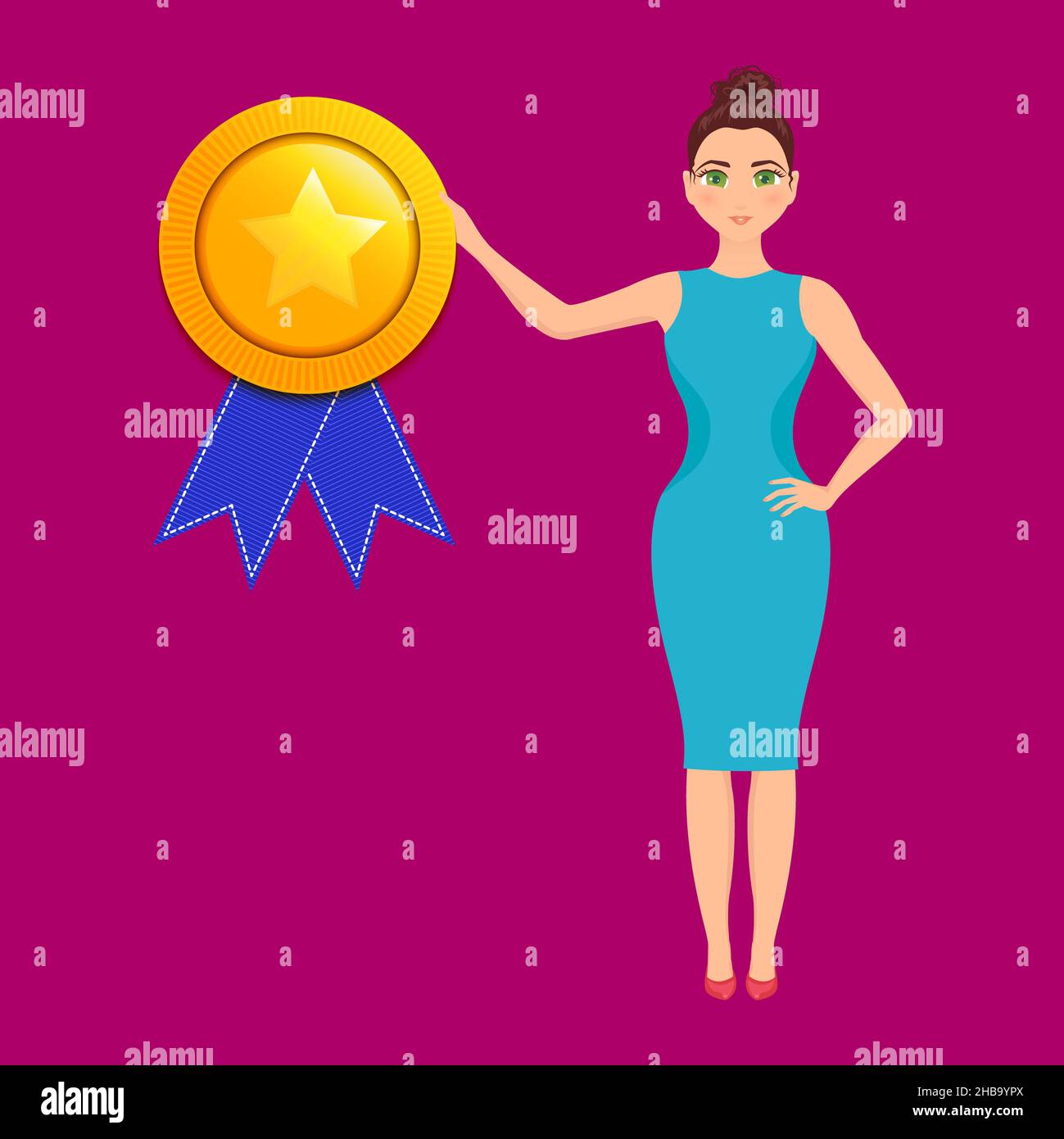 Donna d'affari con un premio di conquista della stella, illustrazione. Foto Stock