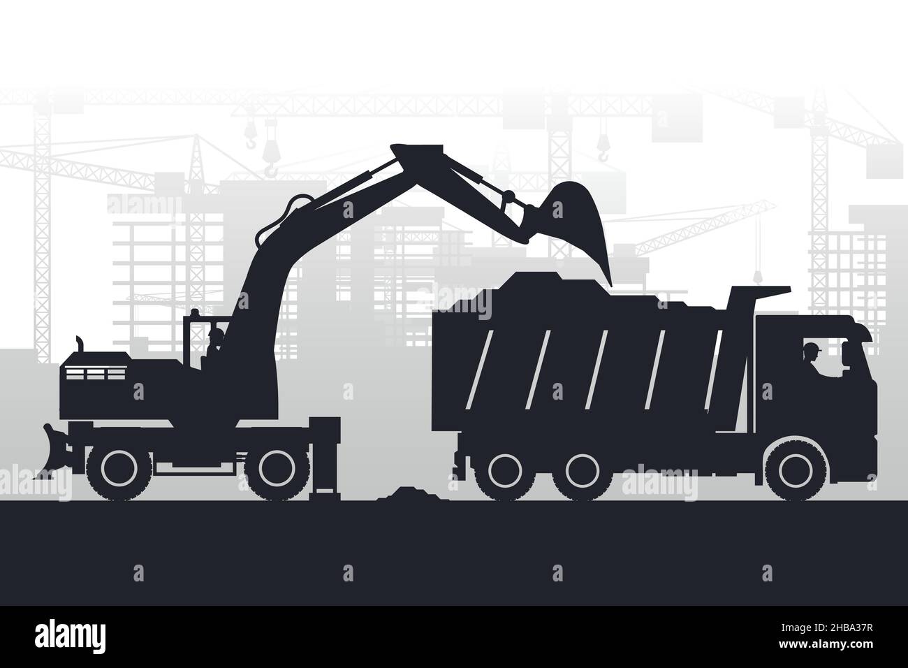 Sfondo urbano con edifici in costruzione e sagome di macchinari pesanti con escavatore gommato che riempie un camion con materiali Illustrazione Vettoriale
