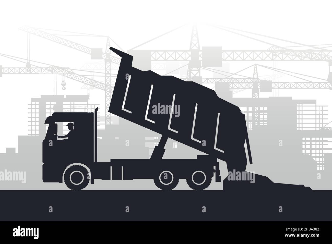 Silhouette di macchinari pesanti con operatore che scarica i materiali da costruzione dal camion sullo sfondo della città con edifici in costruzione Illustrazione Vettoriale