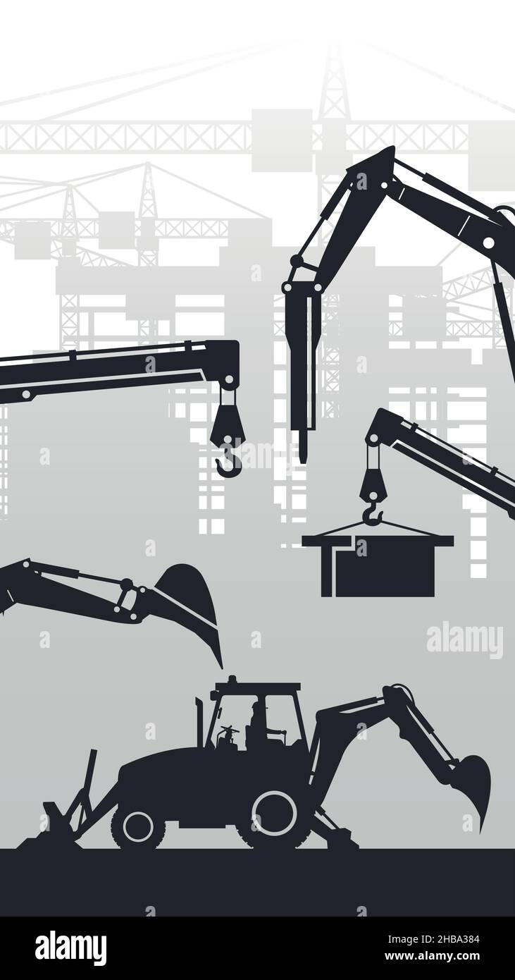 Sfondo per mobili con silhouette di retroescavatore e macchinari pesanti sulla città con costruzioni edili Illustrazione Vettoriale