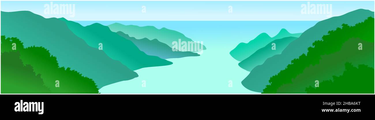 creste di montagna vettoriali verdi con mare e lago Illustrazione Vettoriale