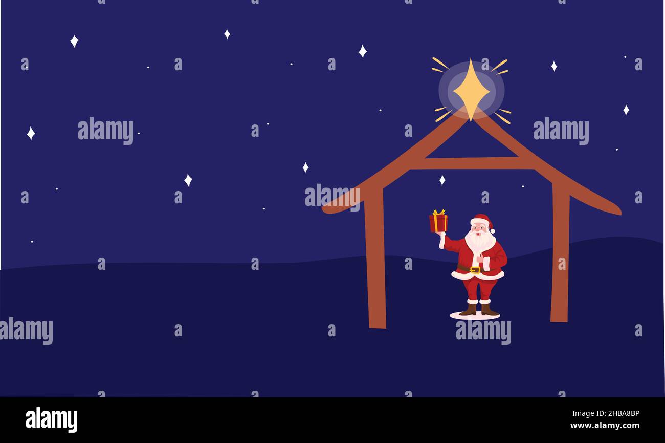 Babbo Natale è in piedi con il regalo nella notte della luna Illustrazione Vettoriale