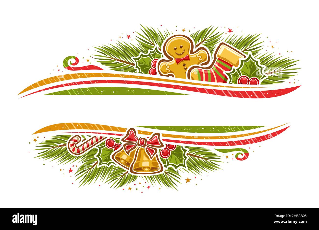 Bordo vettoriale natalizio con spazio copia, sagoma orizzontale con illustrazione dei simboli natalizi, piante stagionali e colorate strisce decorative f Illustrazione Vettoriale