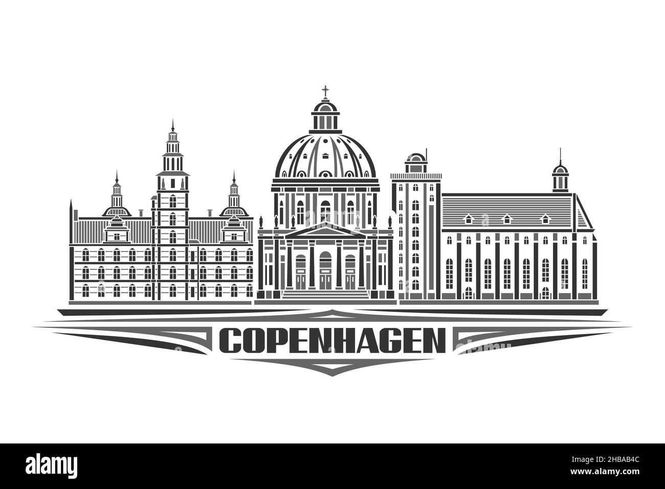 Illustrazione vettoriale di Copenhagen, poster orizzontale monocromatico con disegno lineare paesaggio urbano di copenhagen, concetto di arte urbana con tavolozza decorativa Illustrazione Vettoriale