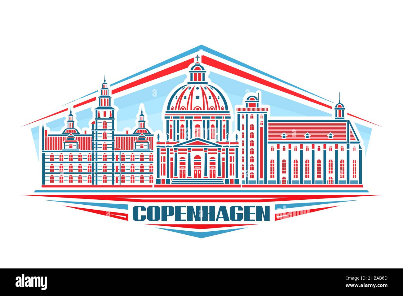 Illustrazione vettoriale di Copenhagen, logo orizzontale con disegno lineare paesaggio cittadino di copenhagen su sfondo cielo diurno, concetto di arte urbana con decorazione Illustrazione Vettoriale