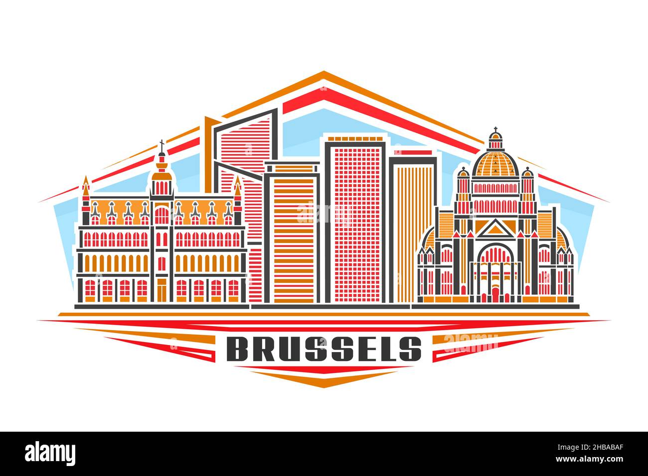 Illustrazione vettoriale di Bruxelles, logo orizzontale con disegno lineare paesaggio urbano di bruxelles su sfondo cielo diurno, concetto di arte urbana europea con de Illustrazione Vettoriale