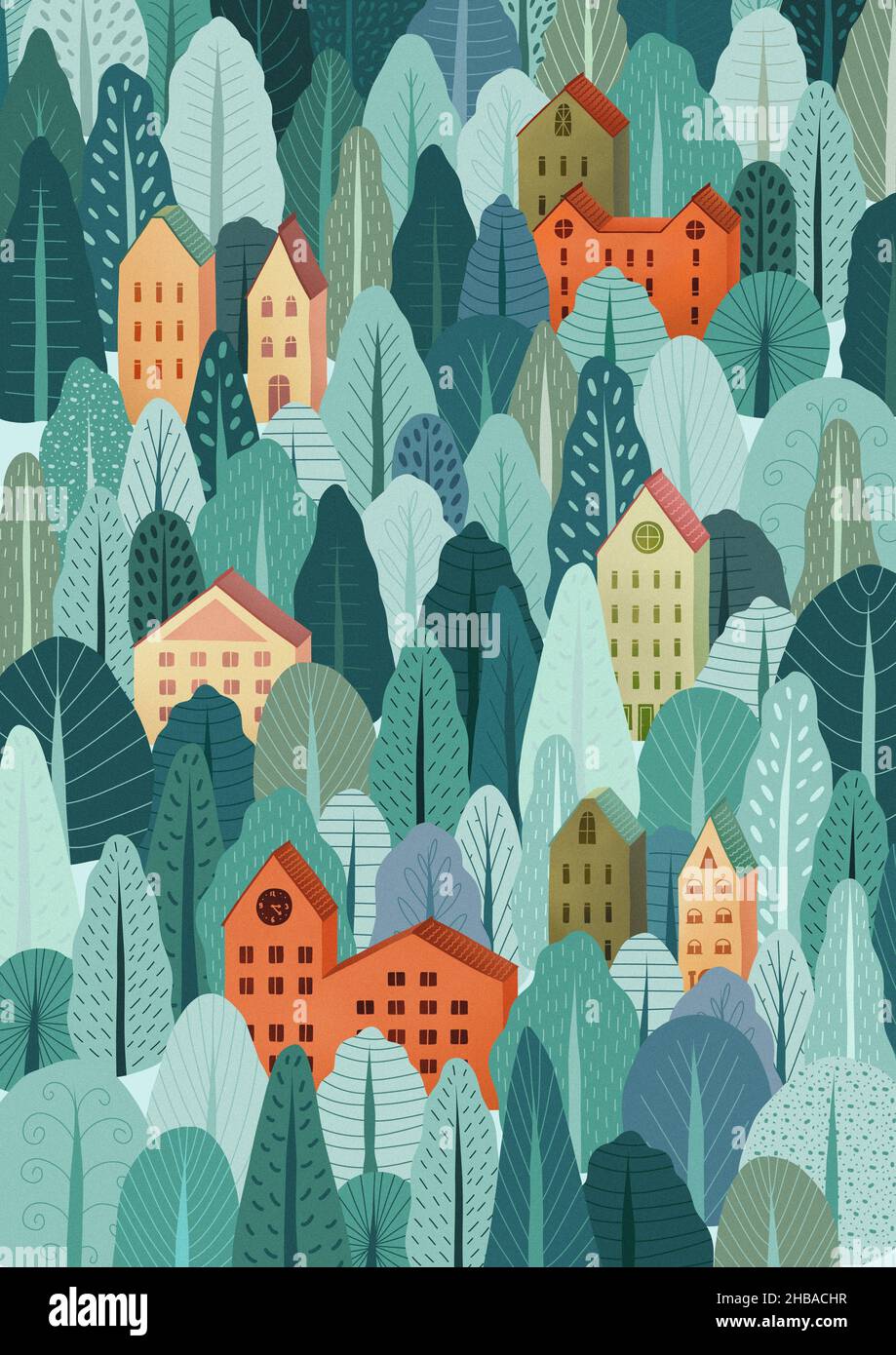 Illustrazione foresta invernale. Case nella foresta d'inverno. Foto Stock