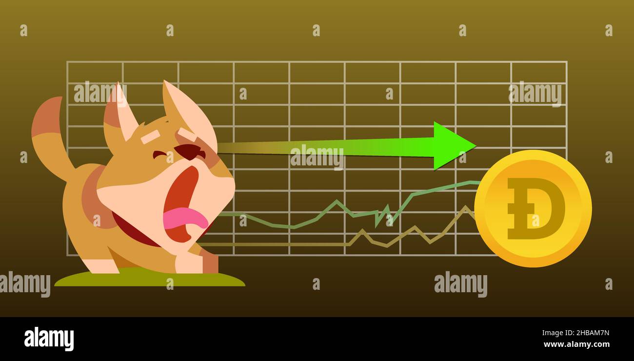 Schema multicolore di lenta crescita di dogecoina e disegno di un cane in stile cartone animato per sito web design, stampa. Infografica criptovaluta. Vettore Illustrazione Vettoriale