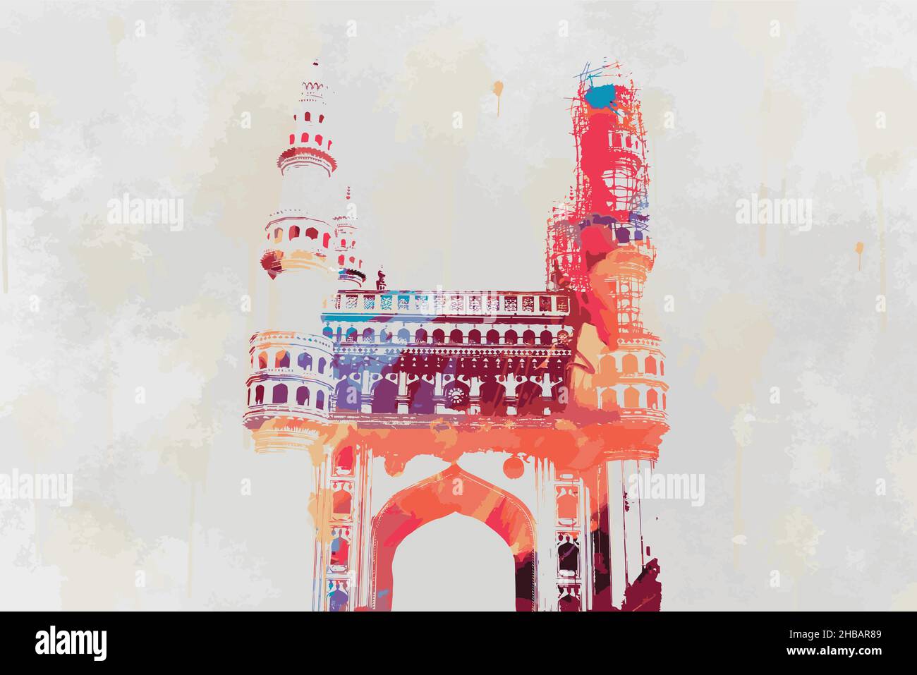 Char minar astratto dipinto, Hyderabad famoso monumento Charminar in India. Illustrazione Vettoriale