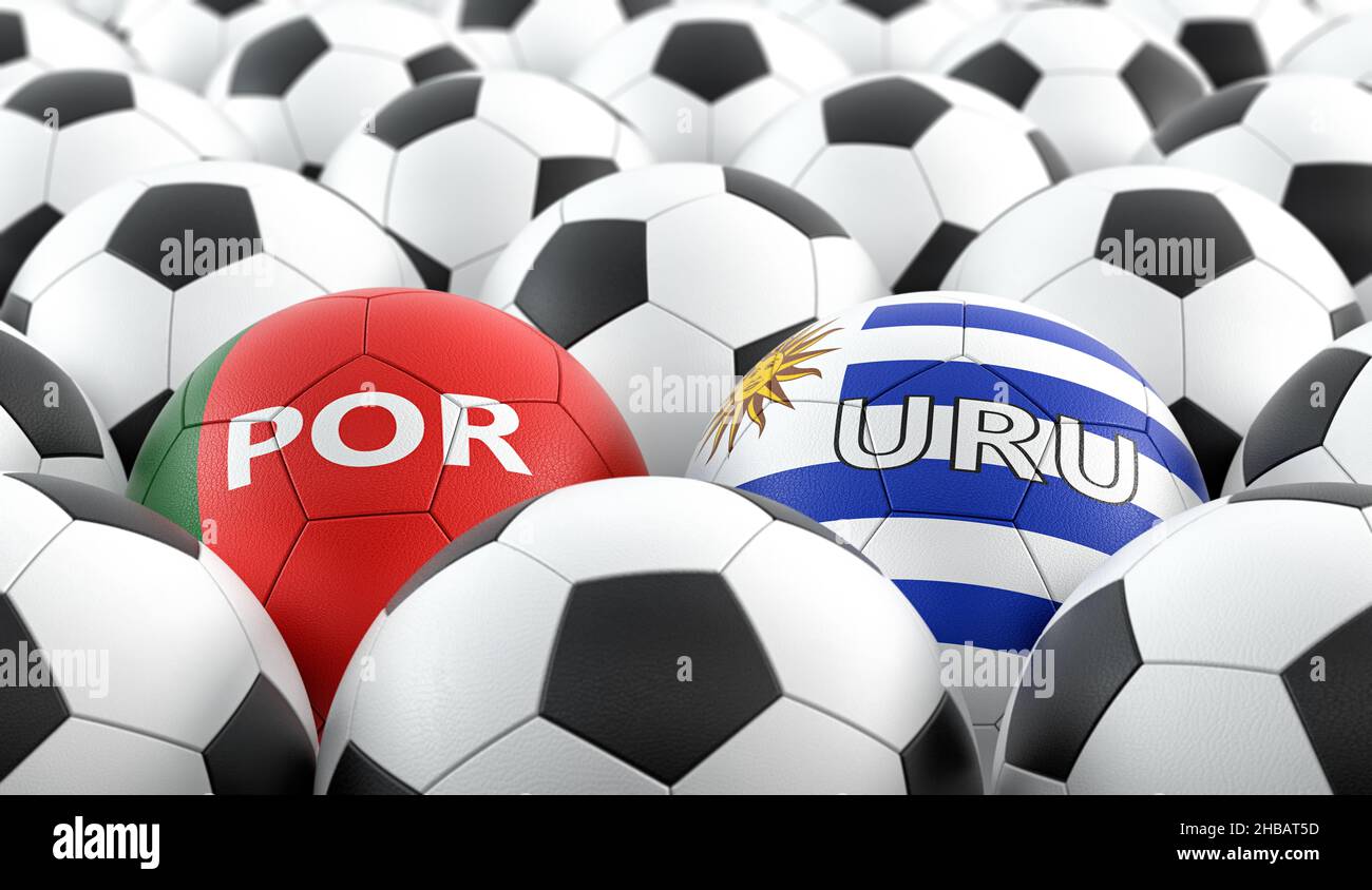 Partita di calcio Portogallo vs Uruguay - sfere di pelle in Portogallo e Uruguay colori nazionali. 3D rendering Foto Stock