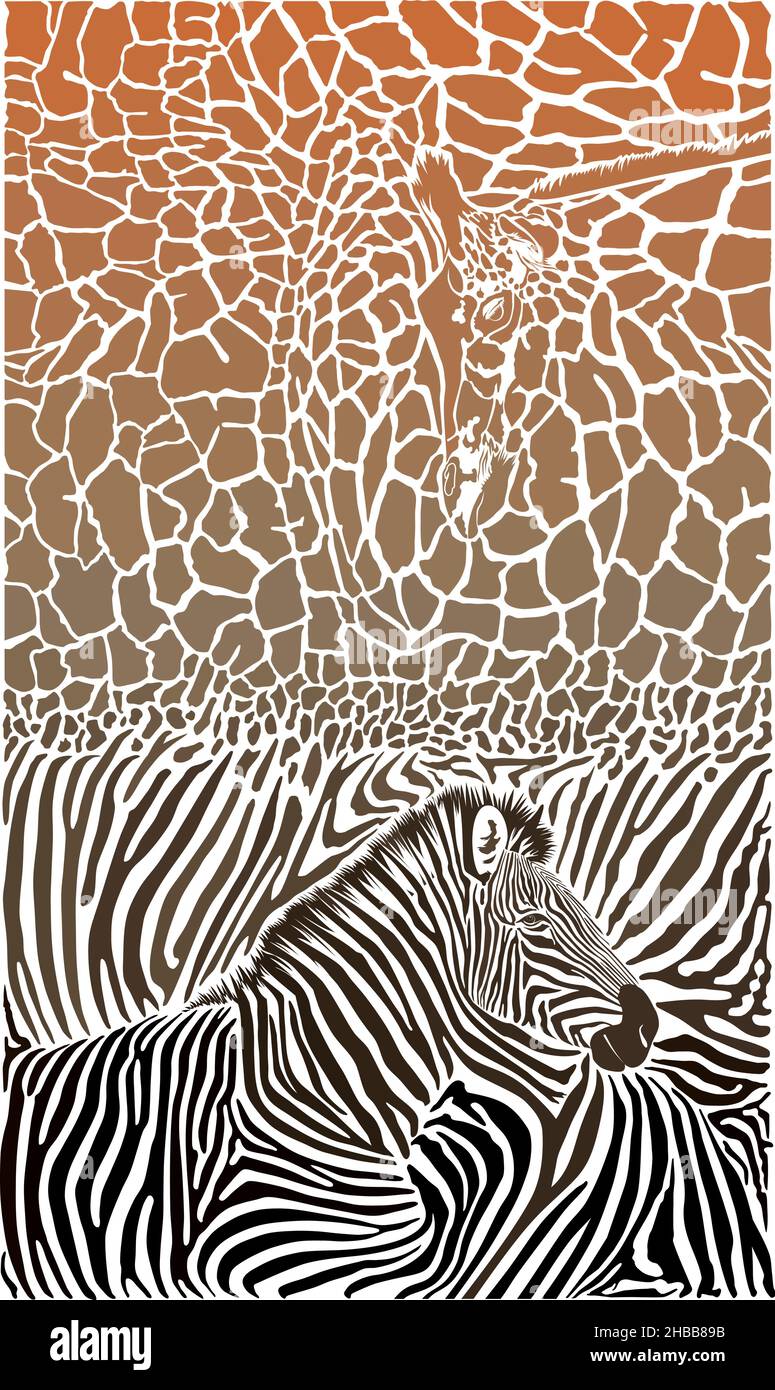 Giraffa e zebra con sfondo colorato Illustrazione Vettoriale