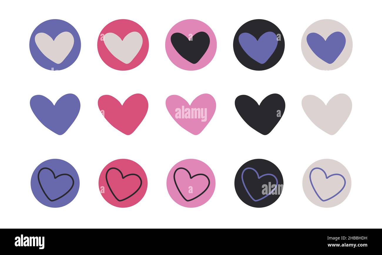 Set di icone carine del cuore in una tavolozza di colori molto peri silenziata. Moderna e romantica varietà di cuori in viola e rosa. Illustrazione Vettoriale