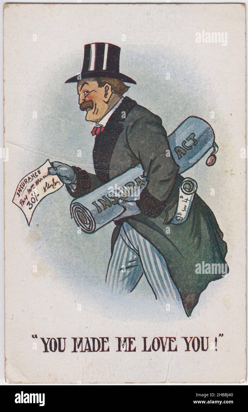 "Mi hai fatto amare": David Lloyd George come Cancelliere dello scacchiere (1908-1915). Il cartone animato / caricatura mostra Lloyd George sorridente, con una grande copia arrotolata del National Insurance Act sotto il suo braccio e un welfare check in sua mano. Si tratta delle riforme introdotte dal Partito liberale nel 'bilancio popolare? Del 1909, tra cui il sostegno statale al benessere dei malati, dell'informazione e dei disoccupati, che costituirebbero un'alternativa al sistema punitivo del diritto povero e dei lavoratori Foto Stock "Mi hai fatto amare": David Lloyd George come Cancelliere dello scacchiere (1908-1915). Il cartone animato / caricatura mostra Lloyd George sorridente, con una grande copia arrotolata del National Insurance Act sotto il suo braccio e un welfare check in sua mano. Si tratta delle riforme introdotte dal Partito liberale nel 'bilancio popolare? Del 1909, tra cui il sostegno statale al benessere dei malati, dell'informazione e dei disoccupati, che costituirebbero un'alternativa al sistema punitivo del diritto povero e dei lavoratori Foto Stock