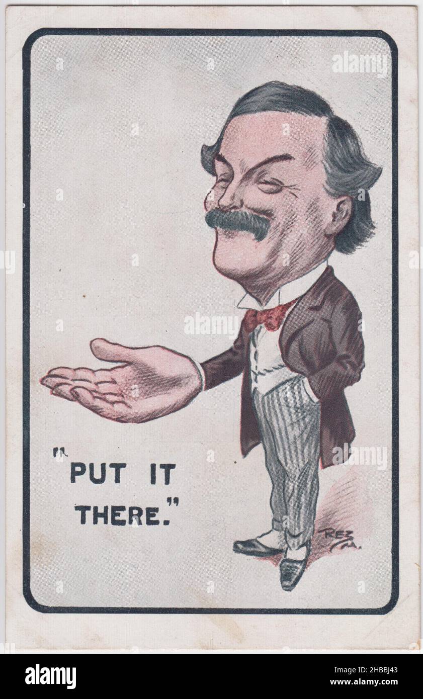 "Metterlo là”: David Lloyd George come Cancelliere dello scacchiere (1908-1915). Il cartone animato / caricatura mostra Lloyd George sorridendo e tenendo fuori una grande mano nella direzione dello spettatore. Si tratta dell'aumento della tassazione per finanziare il "bilancio popolare” e delle riforme proposte dal Partito liberale, tra cui il sostegno statale al benessere dei malati, dell'informazione e dei disoccupati, che costituirebbero un'alternativa al sistema punitivo del diritto povero e dei lavoratori Foto Stock "Metterlo là”: David Lloyd George come Cancelliere dello scacchiere (1908-1915). Il cartone animato / caricatura mostra Lloyd George sorridendo e tenendo fuori una grande mano nella direzione dello spettatore. Si tratta dell'aumento della tassazione per finanziare il "bilancio popolare” e delle riforme proposte dal Partito liberale, tra cui il sostegno statale al benessere dei malati, dell'informazione e dei disoccupati, che costituirebbero un'alternativa al sistema punitivo del diritto povero e dei lavoratori Foto Stock