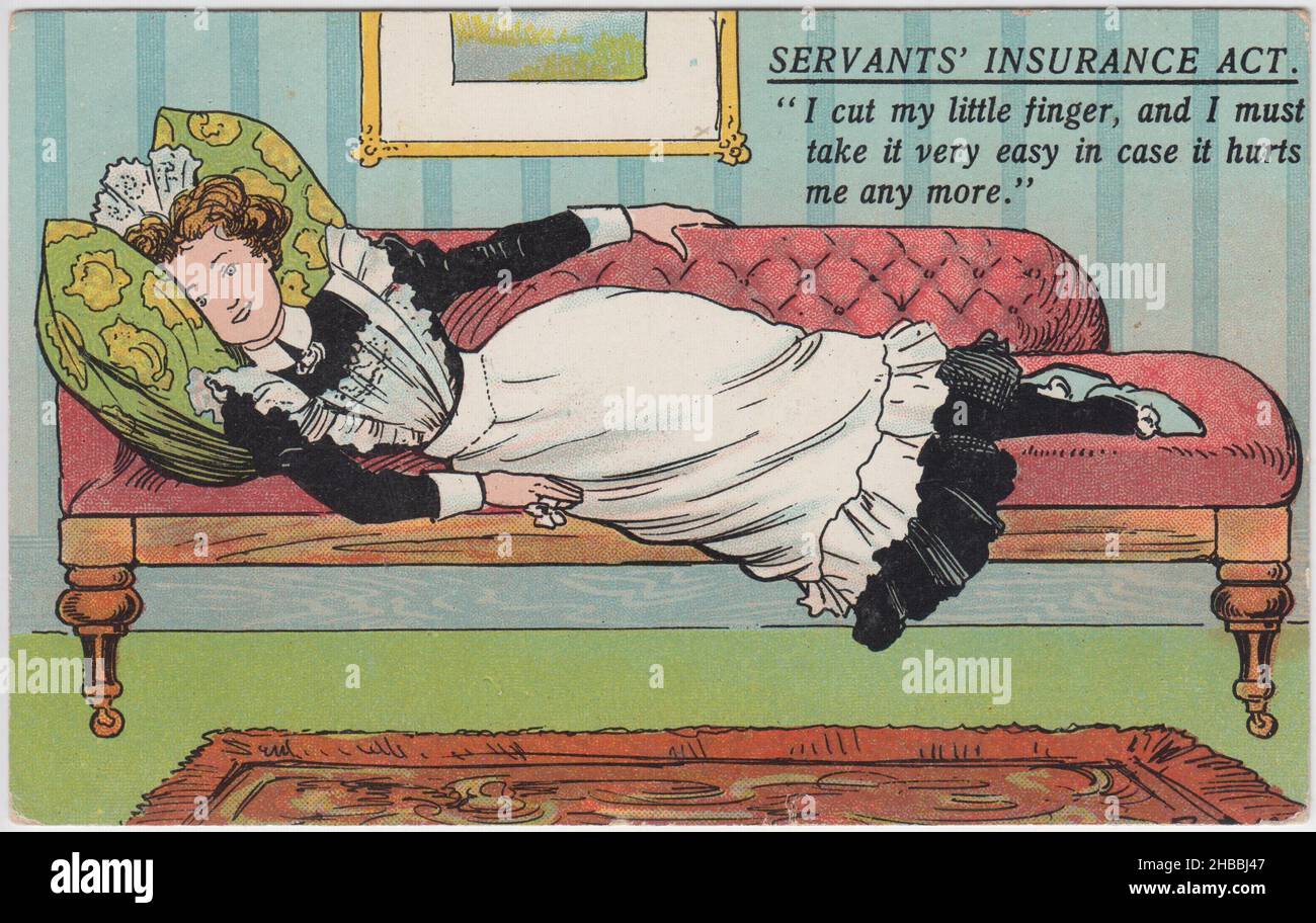 Legge sulle assicurazioni dei 'servizi'. Ho tagliato il mio piccolo dito, e devo prenderlo molto facile nel caso mi danneggia più ': Cartone animato da Tom Browne. Mostra una cameriera che si trova su una chaise longue / svenimento divano con un dito bandaged. È felice come lei sarà dovuto compensazione finanziaria attraverso il Workmen's Compensation Act del 1906. Foto Stock Legge sulle assicurazioni dei 'servizi'. Ho tagliato il mio piccolo dito, e devo prenderlo molto facile nel caso mi danneggia più ': Cartone animato da Tom Browne. Mostra una cameriera che si trova su una chaise longue / svenimento divano con un dito bandaged. È felice come lei sarà dovuto compensazione finanziaria attraverso il Workmen's Compensation Act del 1906. Foto Stock