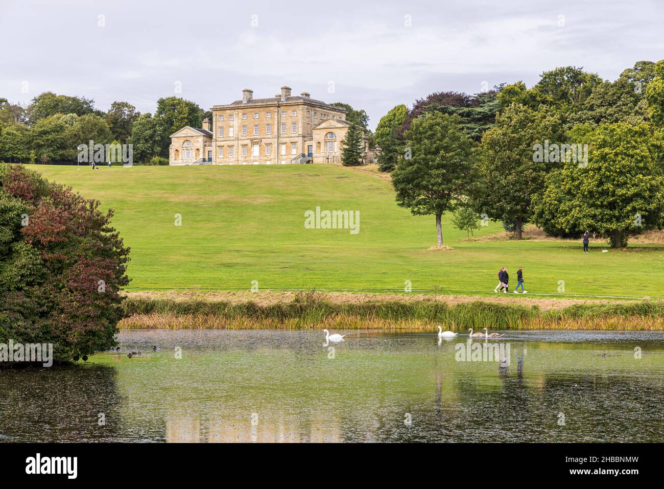Cusworth Hall, con cigni nel lago. Musuem, vecchia casa padronale e parco a Doncaster, Yorkshire, Inghilterra Foto Stock