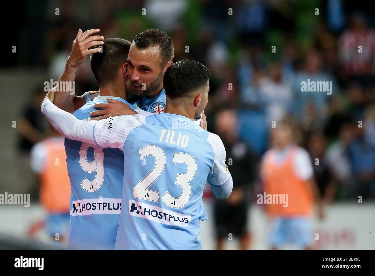 Melbourne, Australia, 18 dicembre 2021. Melbourne City festeggia un gol durante il round 5 Della partita di calcio A-League tra il Melbourne City FC e la Melbourne Victory all'AAMI Park il 18 dicembre 2021 a Melbourne, Australia. Credit: Dave Hewison/Speed Media/Alamy Live News Foto Stock