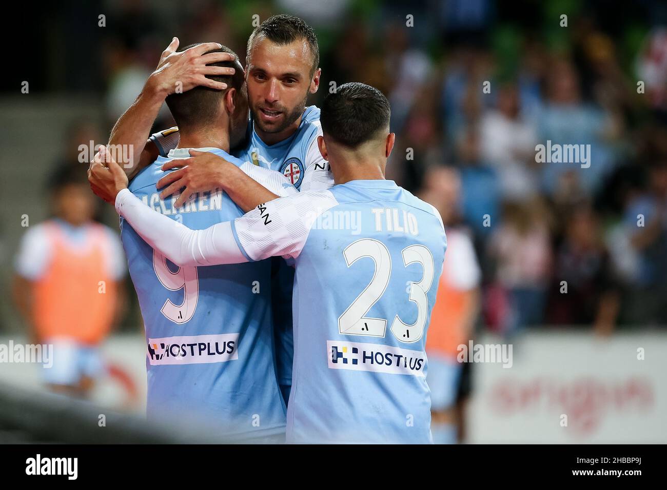 Melbourne, Australia, 18 dicembre 2021. Melbourne City festeggia un gol durante il round 5 Della partita di calcio A-League tra il Melbourne City FC e la Melbourne Victory all'AAMI Park il 18 dicembre 2021 a Melbourne, Australia. Credit: Dave Hewison/Speed Media/Alamy Live News Foto Stock