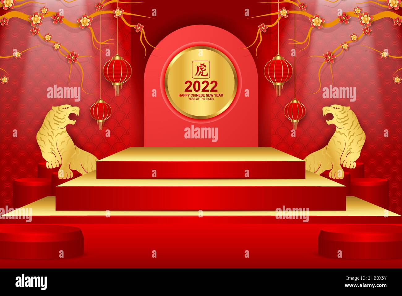 Podio felice cinese nuovo anno 2022 con due tigre d'oro Illustrazione Vettoriale