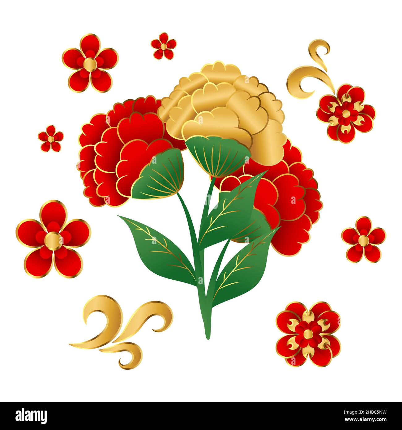 Elemento vettoriale floreale cinese con design rosso e dorato Illustrazione Vettoriale