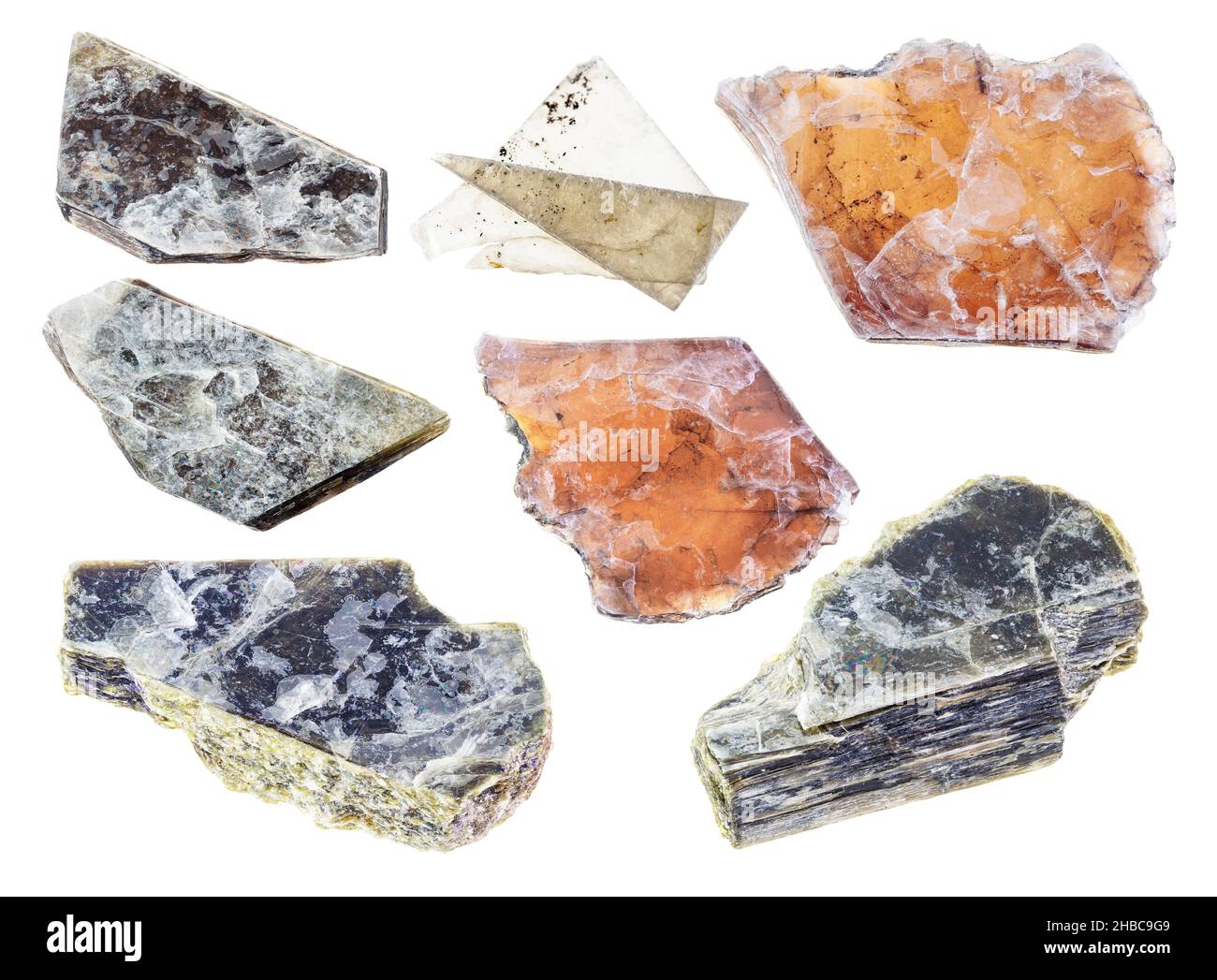 set di comuni strati di mica su sfondo bianco Foto Stock