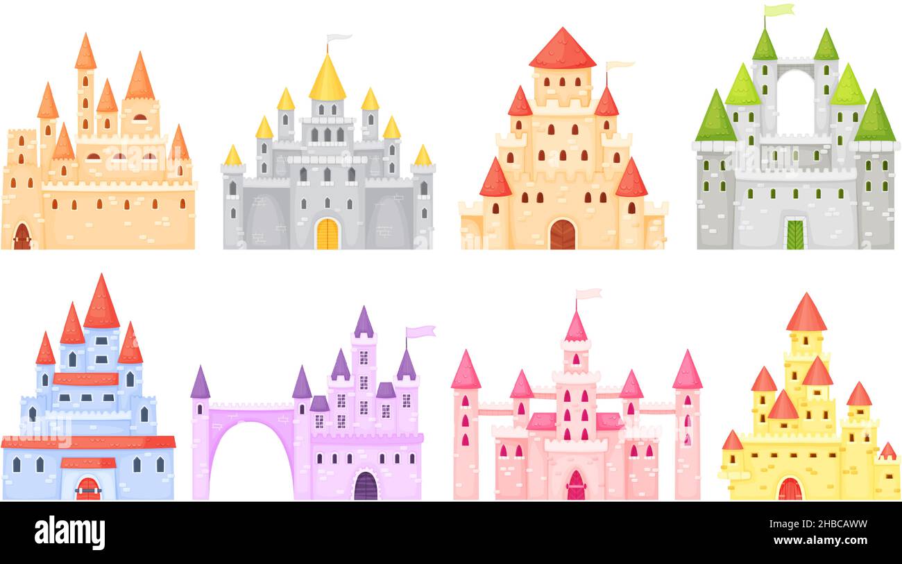 Castelli medievali di Cartoon, antica fortezza, palazzo fiabesco. Esterno del palazzo fortificato, palazzo, fiaba principessa castello torri vettore set. Edificio difensivo storico o antico regno reale Illustrazione Vettoriale
