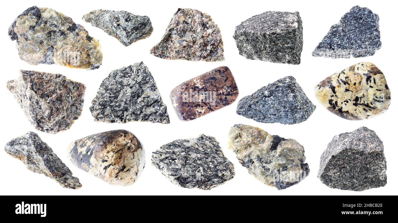 set di varie pietre nefeline ritagliate su sfondo bianco Foto Stock