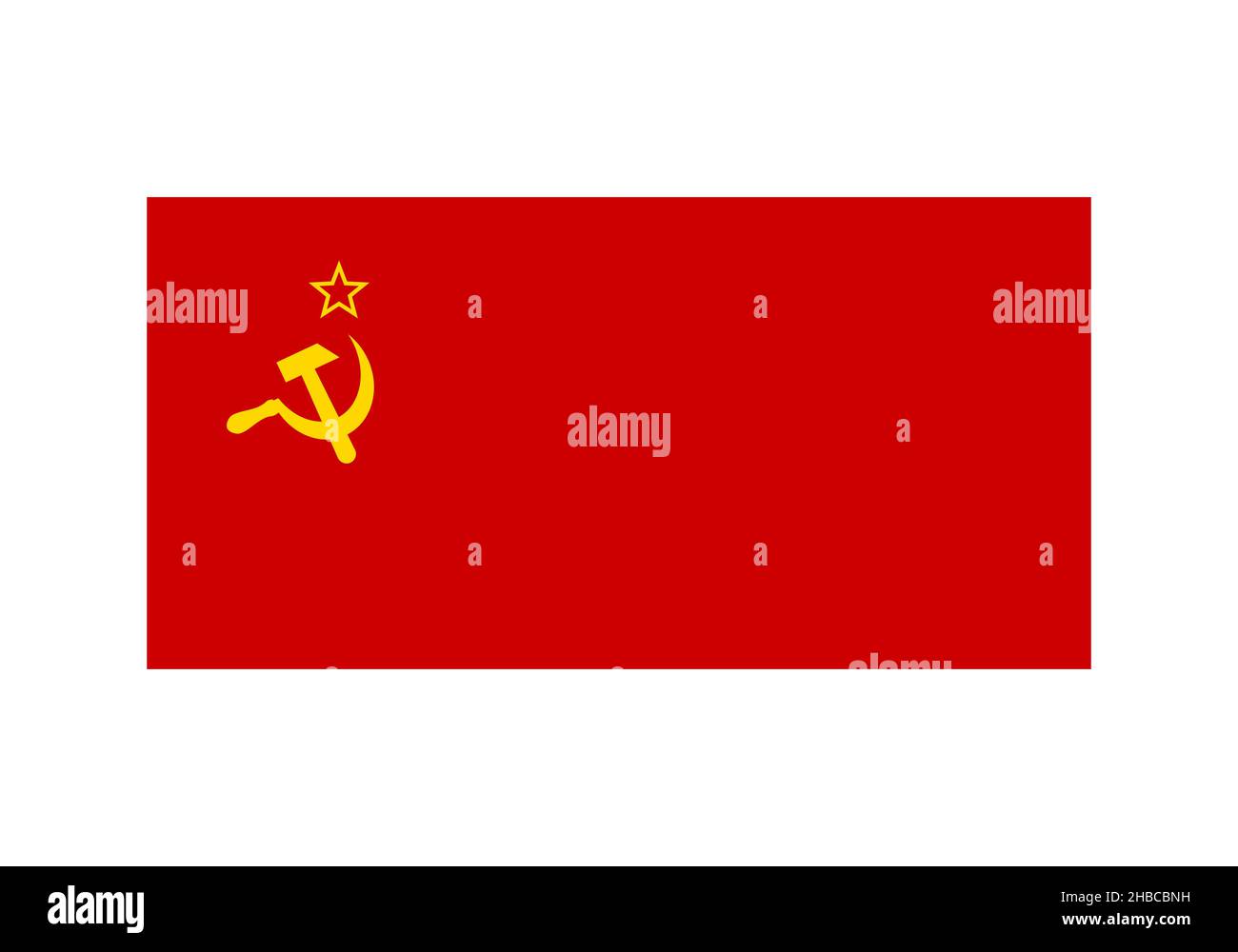 Bandiera dell'URSS. Simbolo dell'Unione Sovietica. Isolato su bianco. Stella, martello e falce. Modello vettoriale per banner, poster, volantino, ecc. Illustrazione Vettoriale