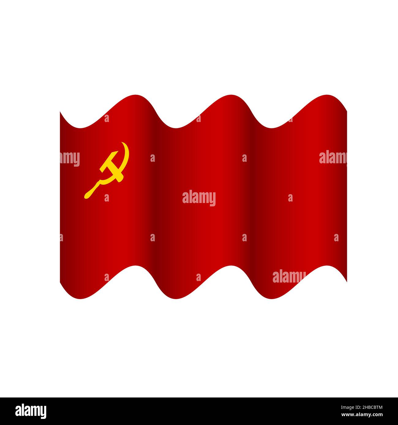 Bandiera ondulata dell'URSS isolata in bianco. Simbolo dell'Unione Sovietica. Stella, martello e falce. Modello vettoriale per banner, poster, volantino, ecc. Illustrazione Vettoriale
