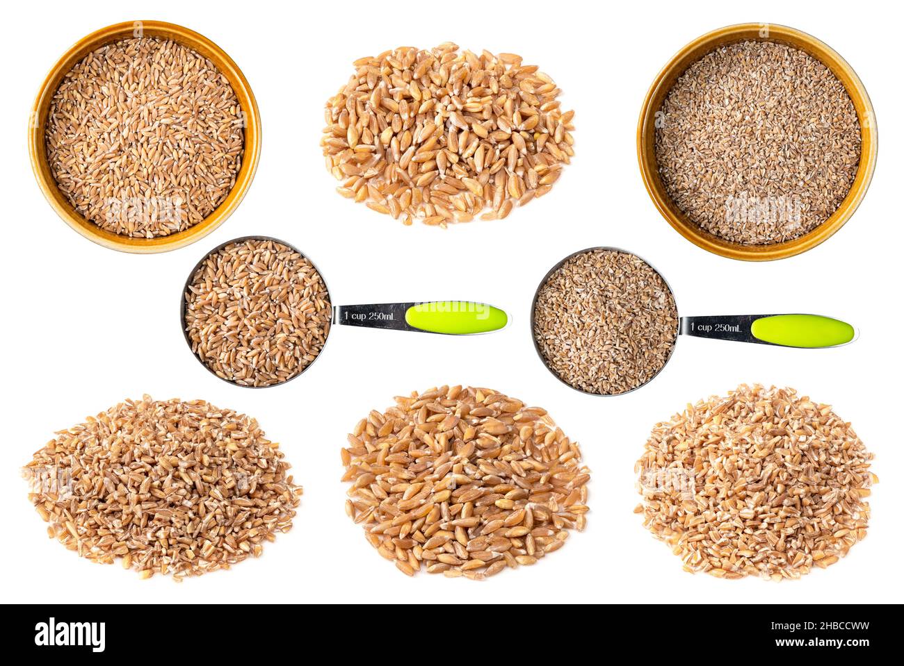 Set di semi di grano Emmer farro ritagliati su sfondo bianco Foto Stock