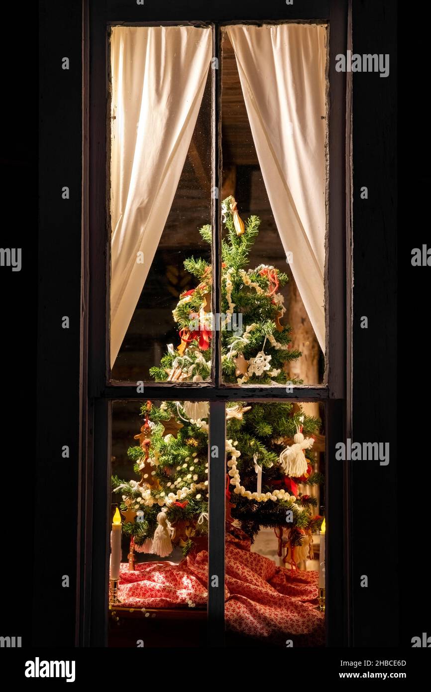 Tranquillo albero di Natale incorniciato attraverso la finestra - Golden History Park, Golden, Colorado, Stati Uniti Foto Stock