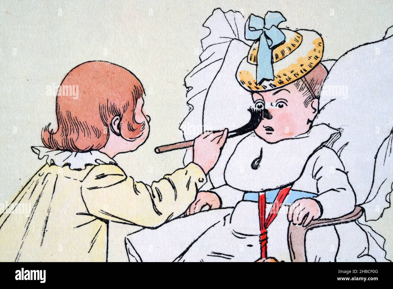 Naughty ragazzo dipingere il naso del bambino, dettaglio di un'illustrazione, cartone animato da Henry Gerbault, 1890s, francese Foto Stock