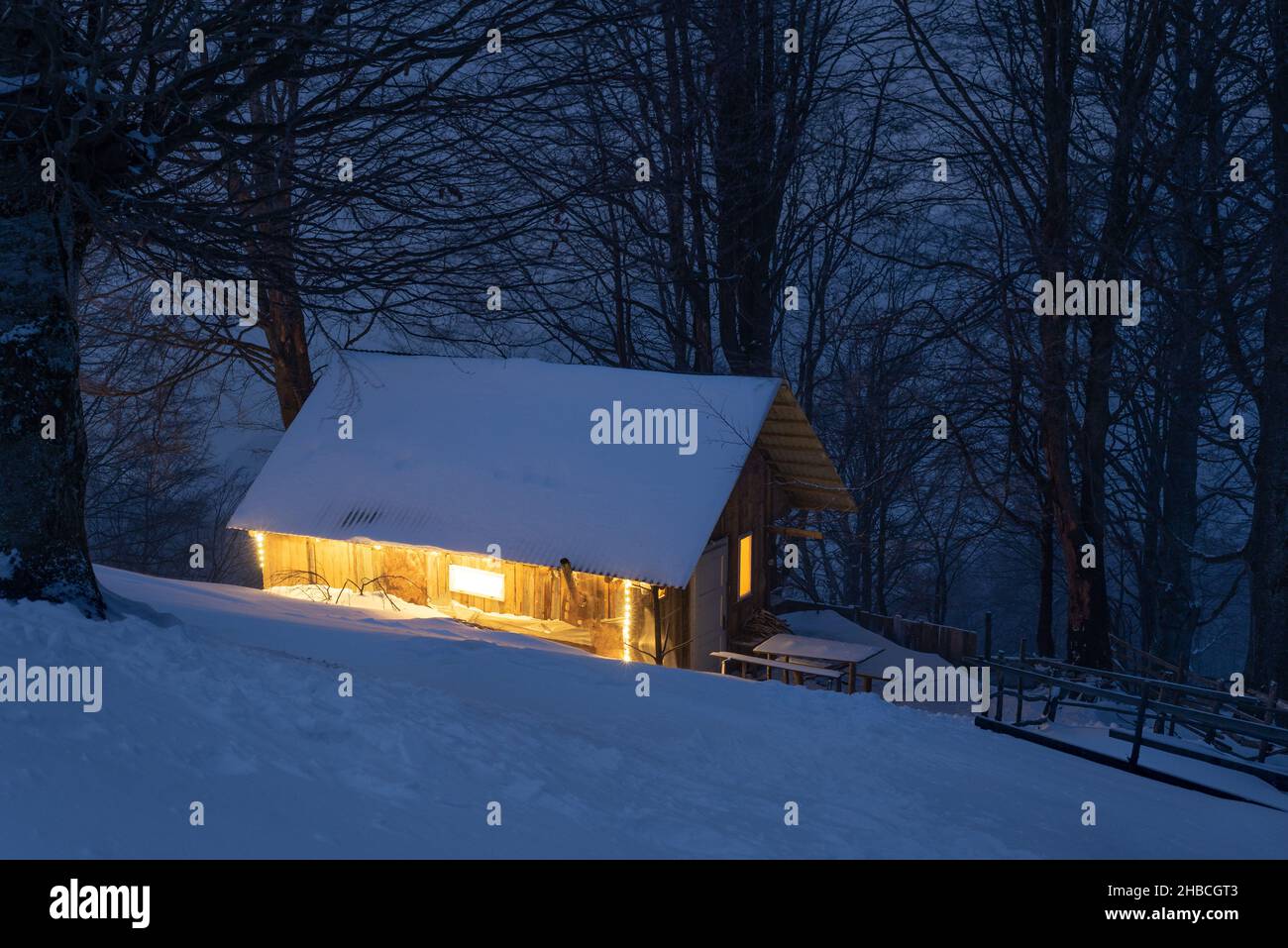 Paesaggio notturno con cabina in una foresta innevata d'inverno Foto Stock