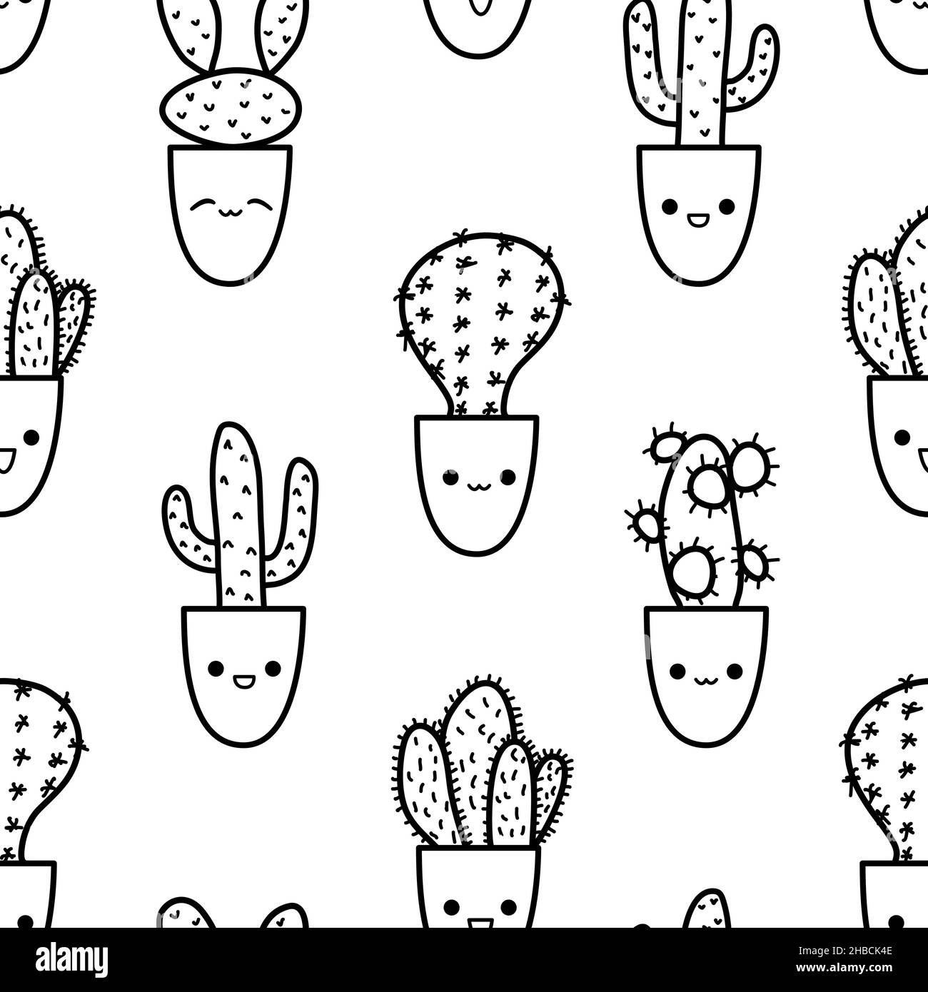 Carino modello di doodle cactus in stile contorno. Varietà vettoriale di cactus personaggi con kawaii emozioni in vasi di fiori Illustrazione Vettoriale
