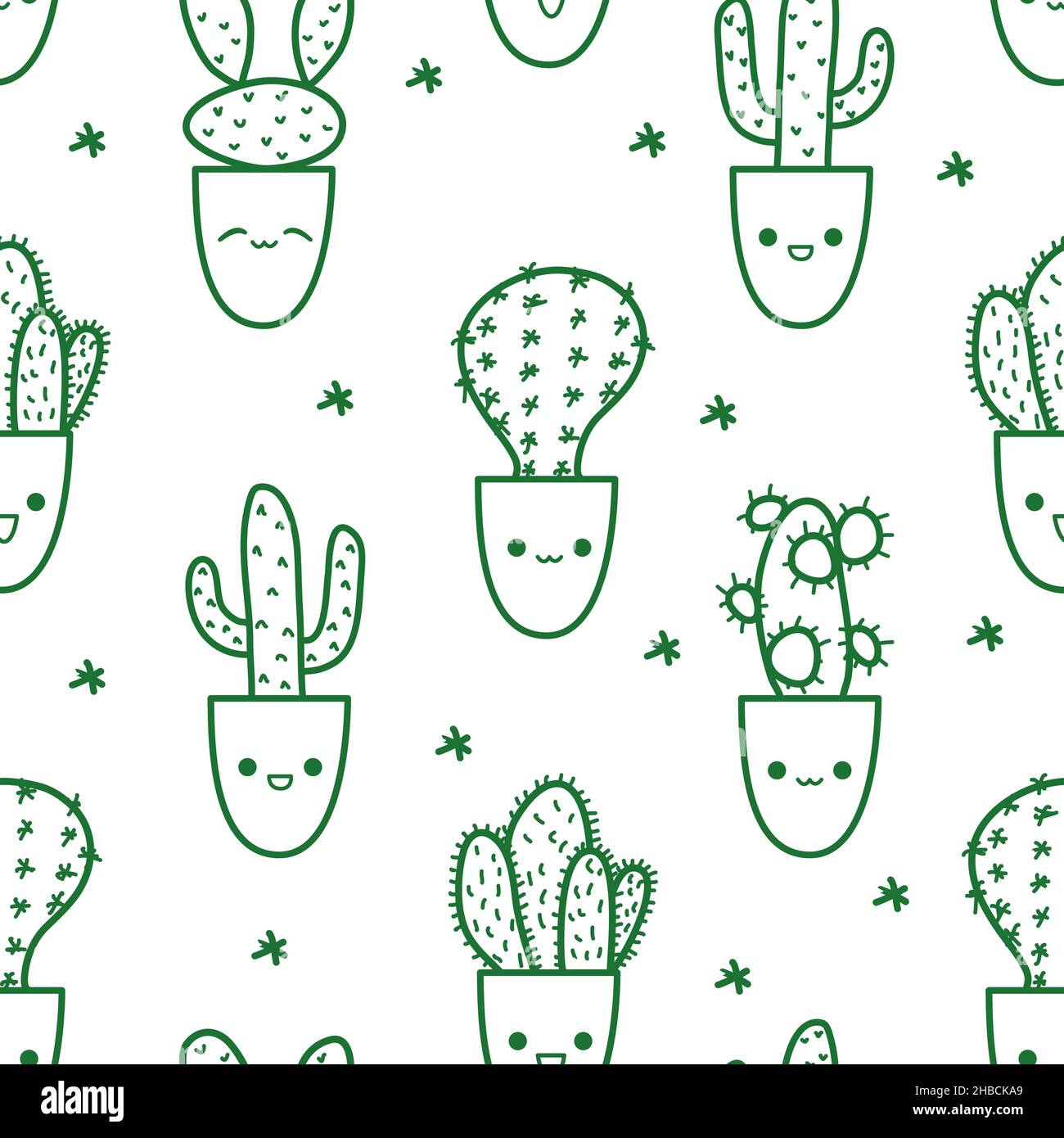 Carino modello di doodle cactus in stile contorno. Varietà vettoriale di cactus personaggi con kawaii emozioni in vasi di fiori Illustrazione Vettoriale