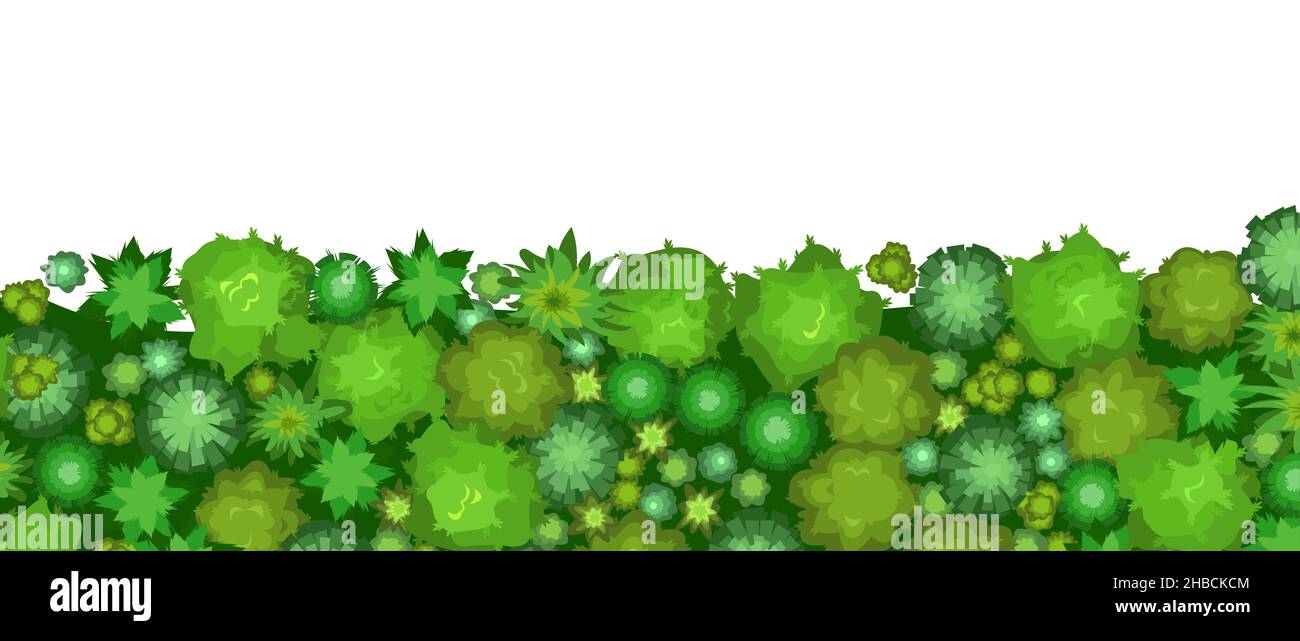 Bellissimo paesaggio estivo con alberi. Vista dall'alto. Illustrazione in stile piatto. Scenari dall'alto. Il bordo di una foresta densa. Design cartoon Illustrazione Vettoriale