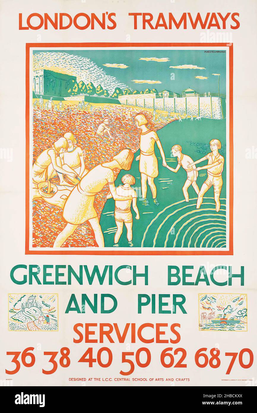 TRAM DI LONDRA GREENWICH BEACH E PIER di Morris Kestelman, 1925 Foto Stock