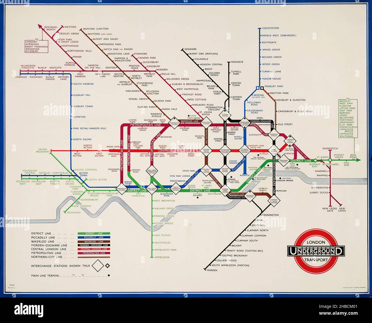 Harry Beck (Henry Charles Beck, 1902-1974) MAPPA SOTTERRANEA, 1936 - Pubblicità vintage per il sistema di trasporto di Londra, metropolitana di Londra Foto Stock