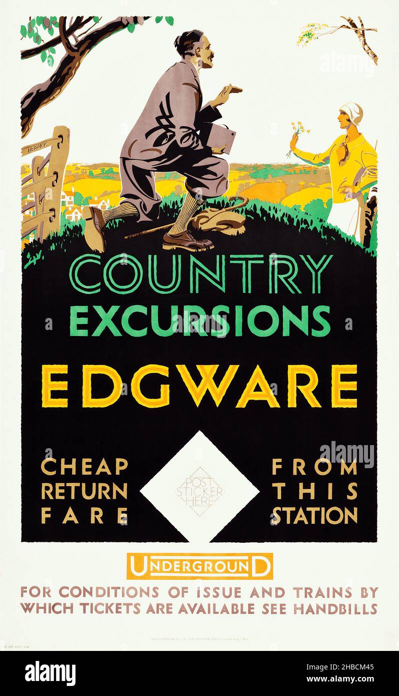 Escursioni in campagna; Edgware, di Frederick Charles Herrick, 1926 - Vintage advertisation for London transport system, London Underground Foto Stock