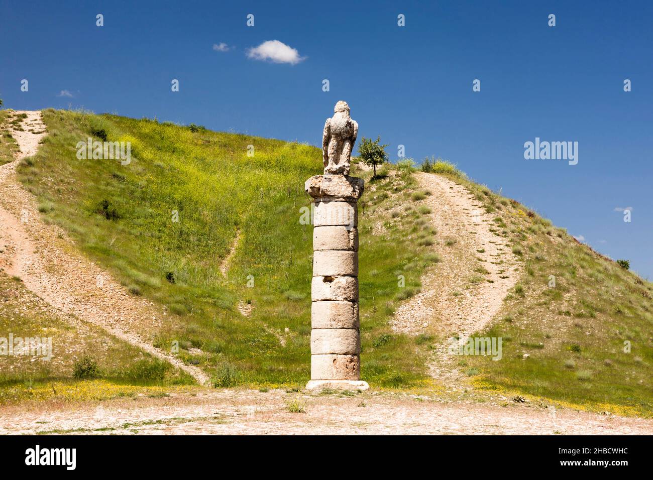 Tumulo di Karakus, statua dell'aquila in cima alla colonna romana, tomba reale del regno di Commagene, Kahta, provincia di Adıyaman, Anatolia, Turchia, Asia Foto Stock